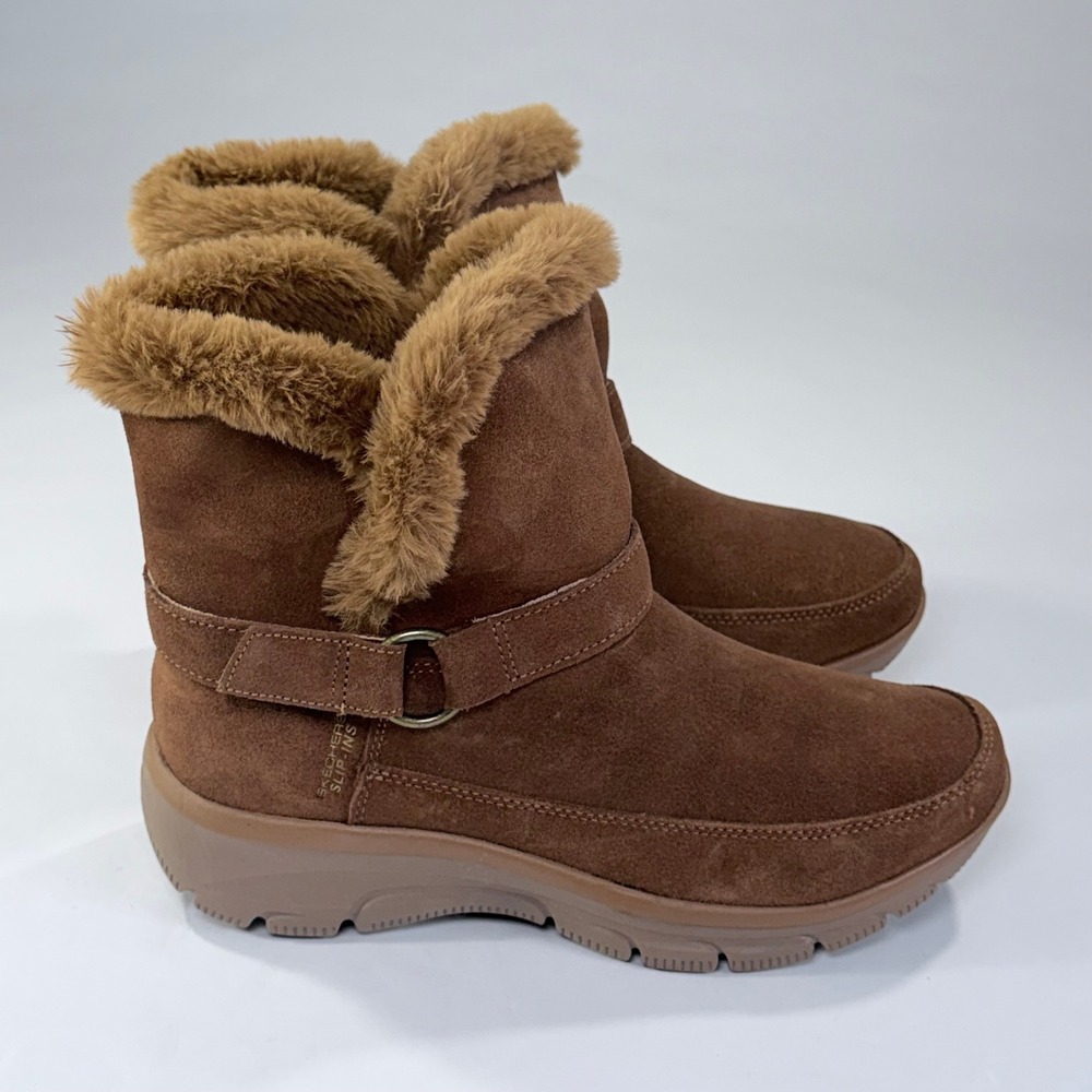 NEW Skechers Slip-ins Easy Going Boots Womens 8.5 Tan Brown Suede Faux Fur Ankle